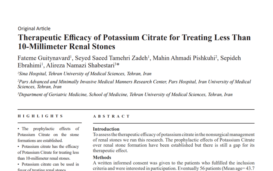 This is the first page of an original article titled "Therapeutic Efficacy of Potassium Citrate for Treating Less Than 10-Millimeter Renal Stones". It lists the authors, their affiliations, and the abstract with introduction and methods sections.