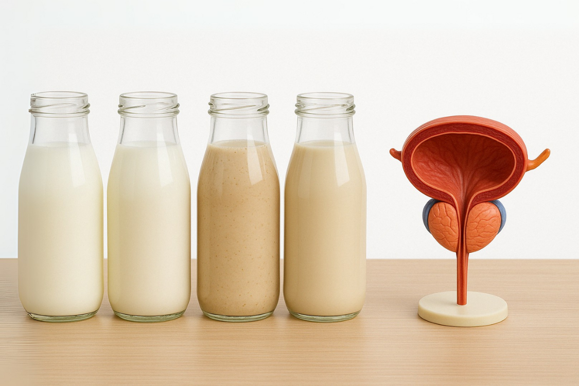 Different types of milk in glass bottles next to a model of the prostate gland