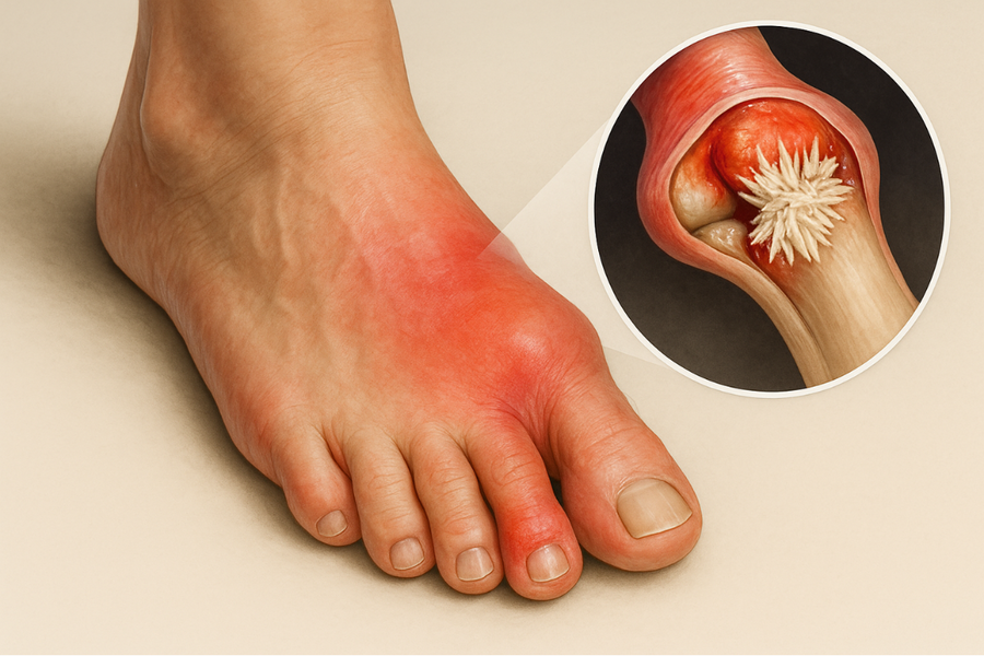 3D image showing uric acid crystals in a toe joint causing gout pain