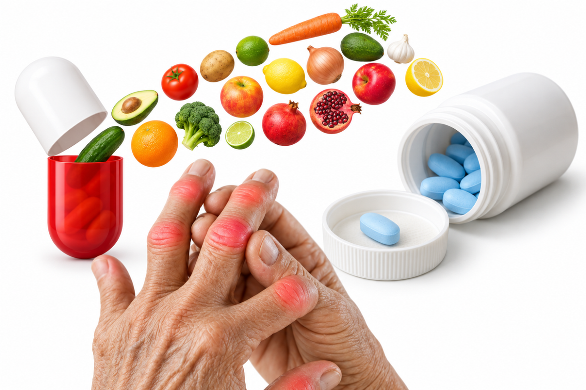 Hands with red finger joints beside fruits, vegetables, and pills, illustrating a uric acid supplement with a multivitamin.
