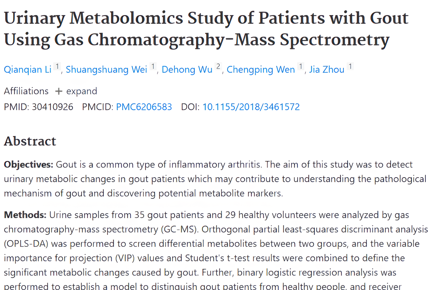 A research paper titled "Urinary Metabolomics Study of Patients with Gout Using Gas Chromatography-Mass Spectrometry" along with its abstract.