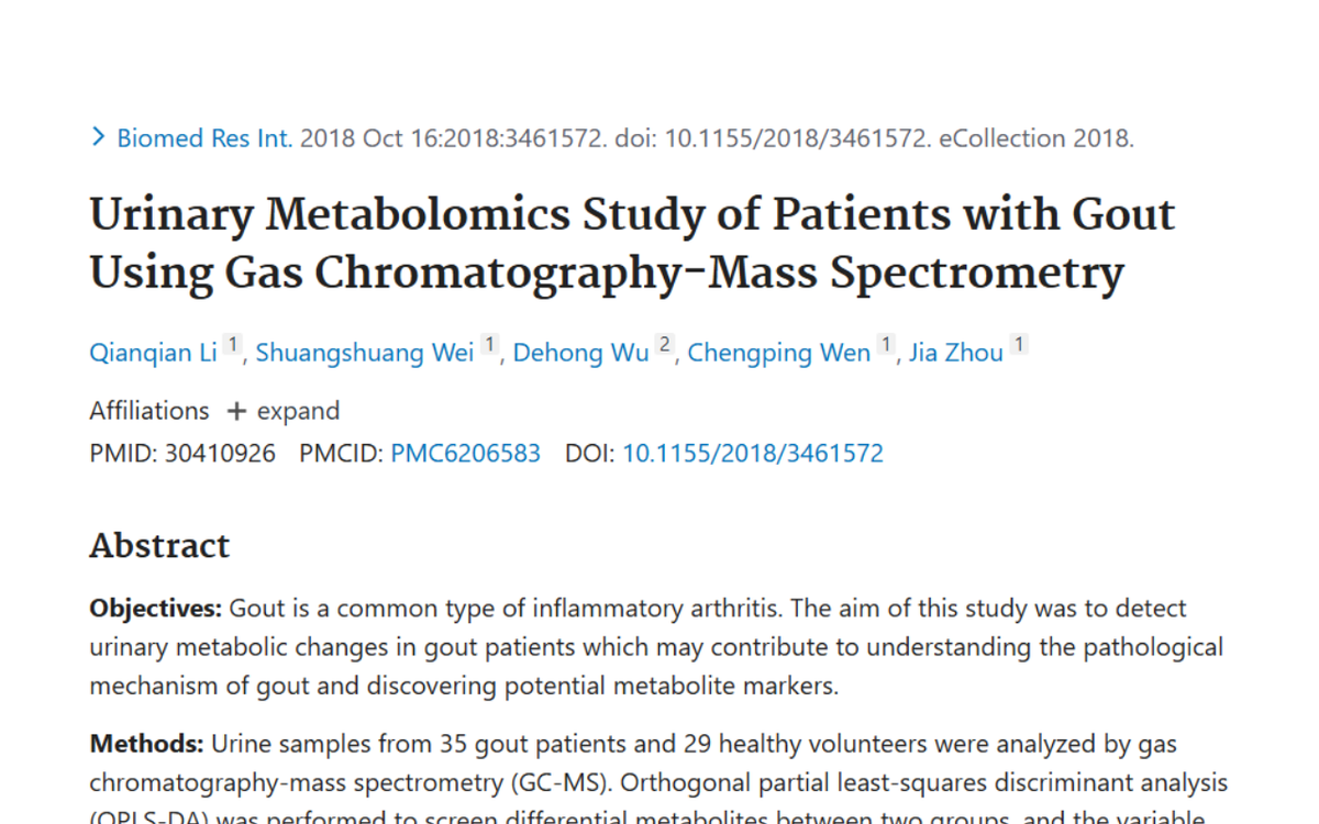 A research paper titled "Urinary Metabolomics Study of Patients with Gout Using Gas Chromatography-Mass Spectrometry" along with its abstract.