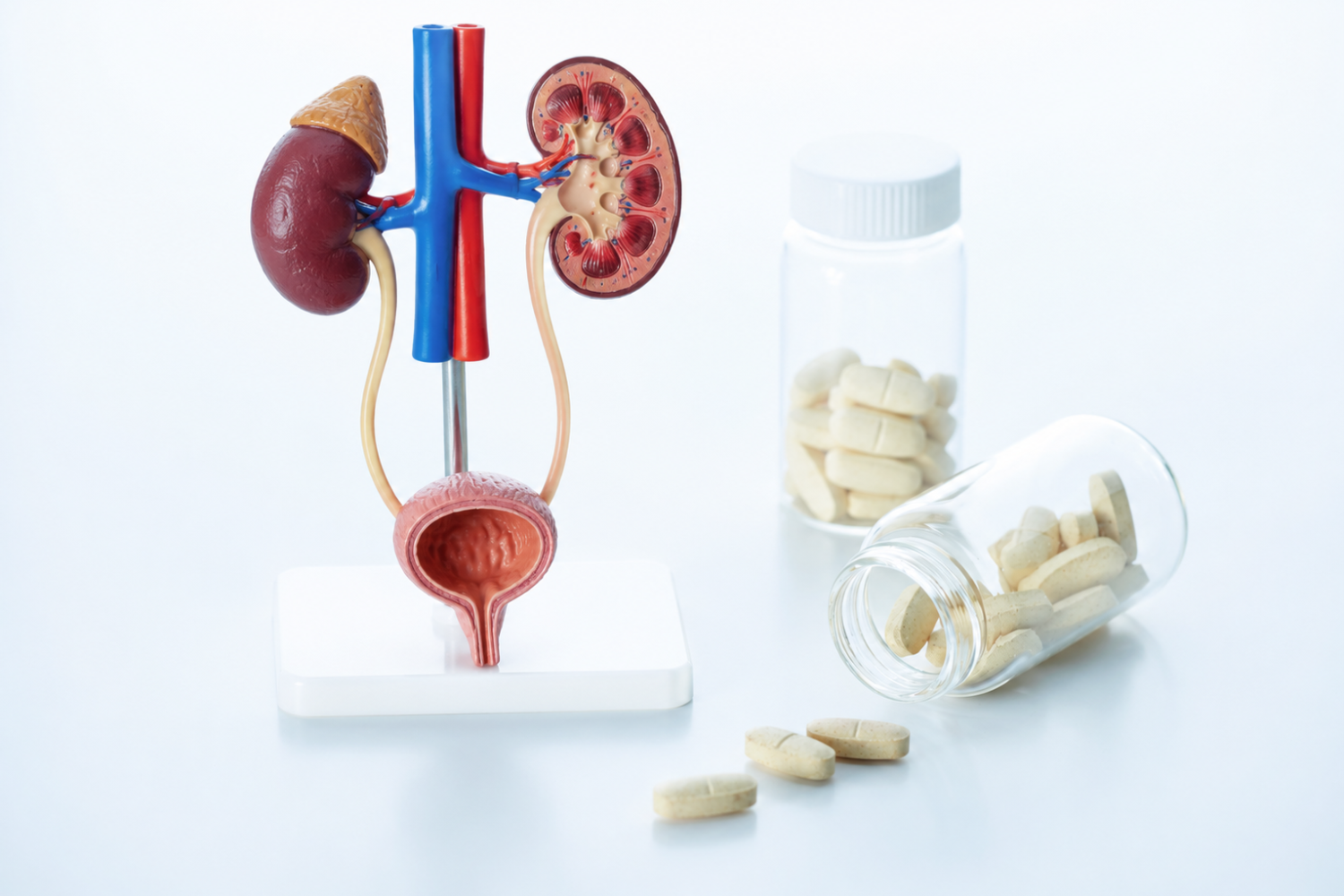 Anatomical model of the kidneys, ureters, and bladder beside clear bottles of tablets representing UTI supplements for urinary health support.