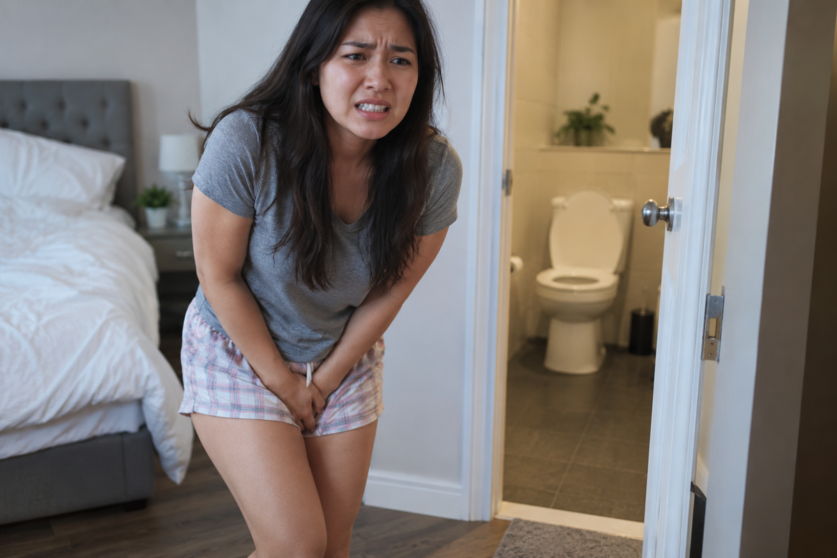 Woman holding lower abdomen with bathroom in background, showing urinary urgency.