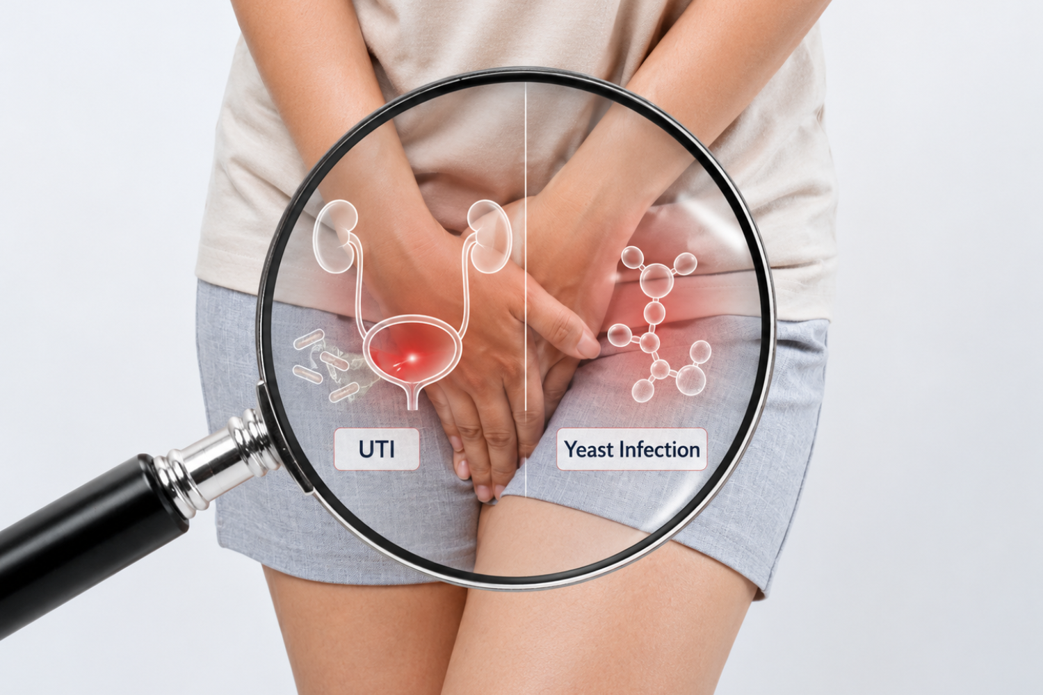 Close-up of hands holding lower abdomen while a magnifying glass overlays medical icons and labels for UTI and yeast infection, with red bladder and molecule graphics over the body.