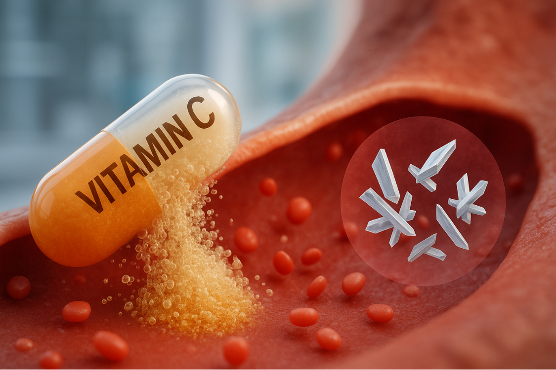 Vitamin C supplement next to uric acid crystals in bloodstream