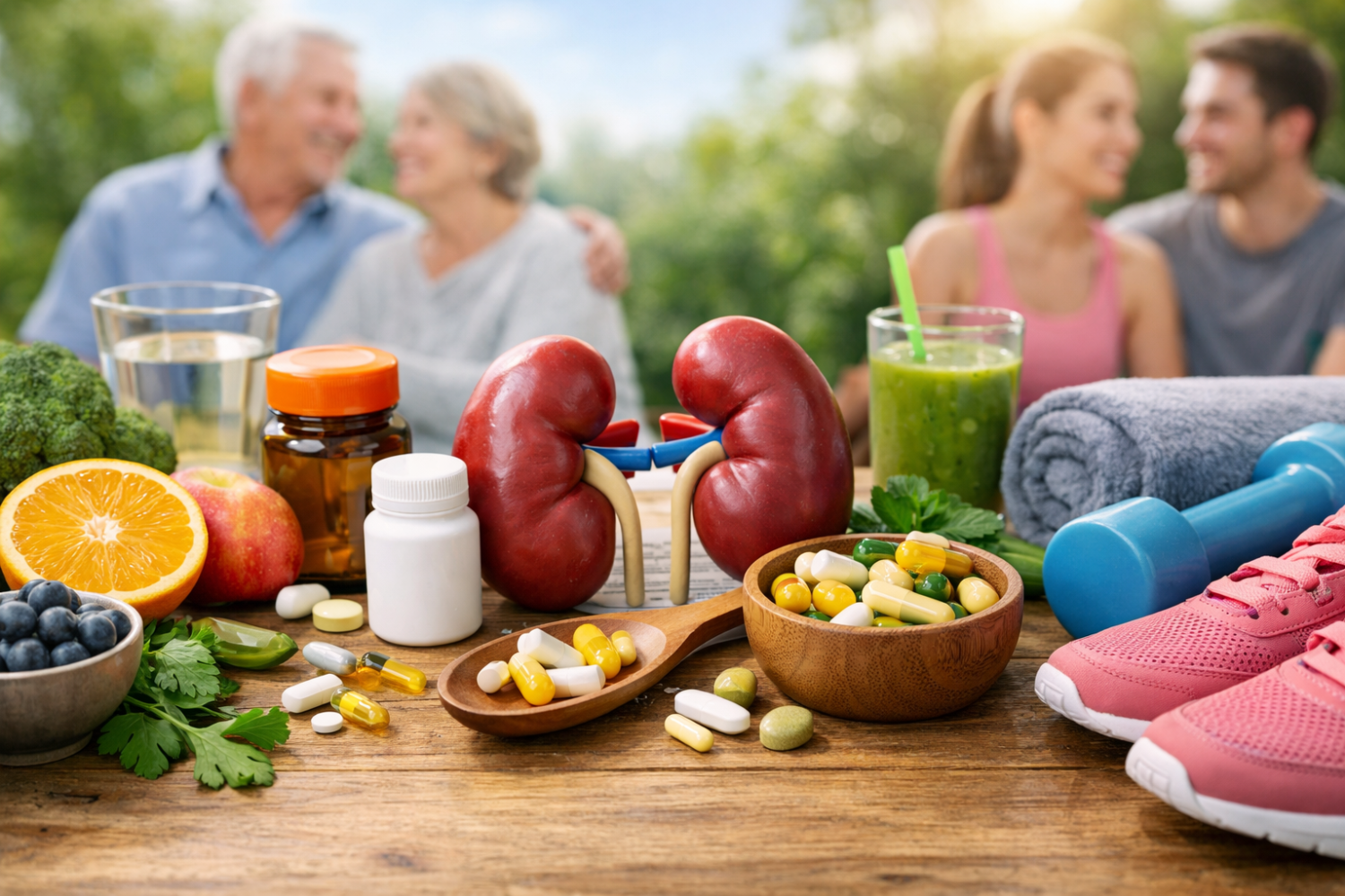 A table displaying various health-related items including a model of kidneys, fruits, vegetables, supplements, a smoothie, dumbbells, and running shoes, with blurred figures in the background.