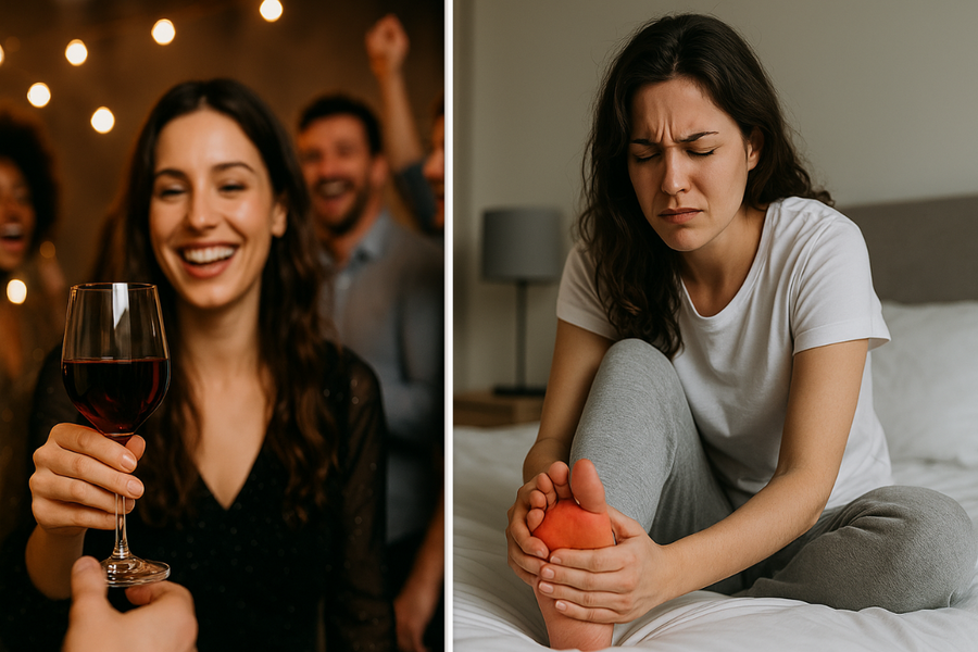 Drinking wine and experiencing gout pain in foot