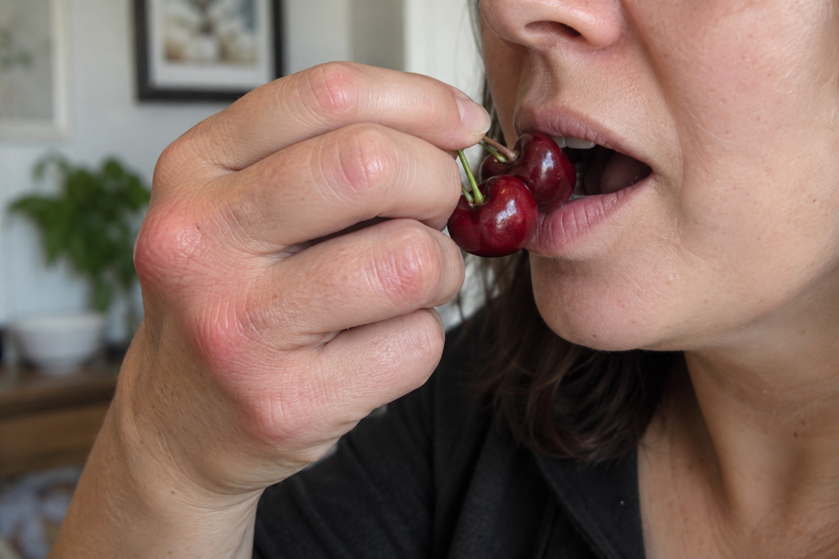 Close-up of a woman bringing red cherries to her mouth with a hand showing swollen, reddened knuckles.