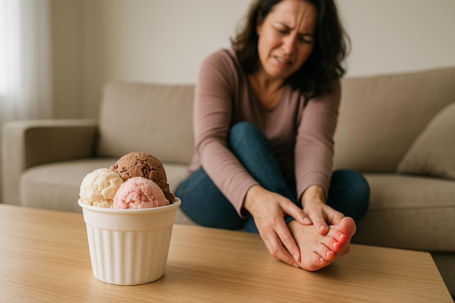 Woman holding her painful foot with a cup of ice cream in the foreground, representing gout flare-up risk.