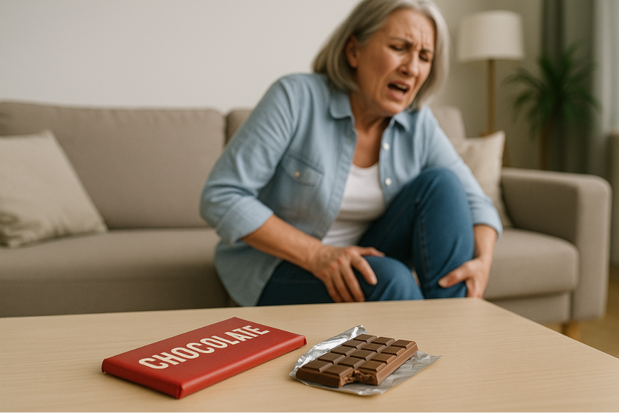Older woman in pain from gout holding her knee while chocolate sits on the table in the foreground.