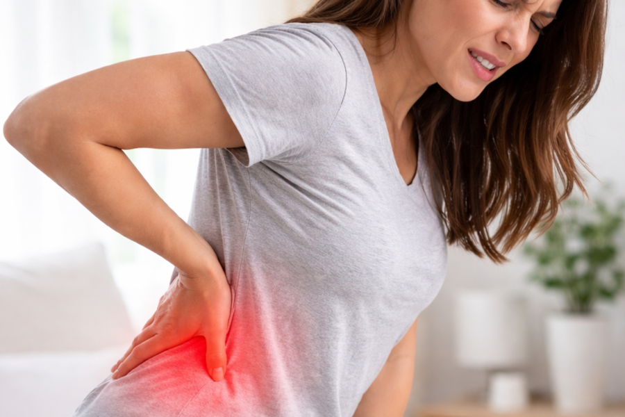 A person in a gray shirt is experiencing pain in their lower back, indicated by a red glow.