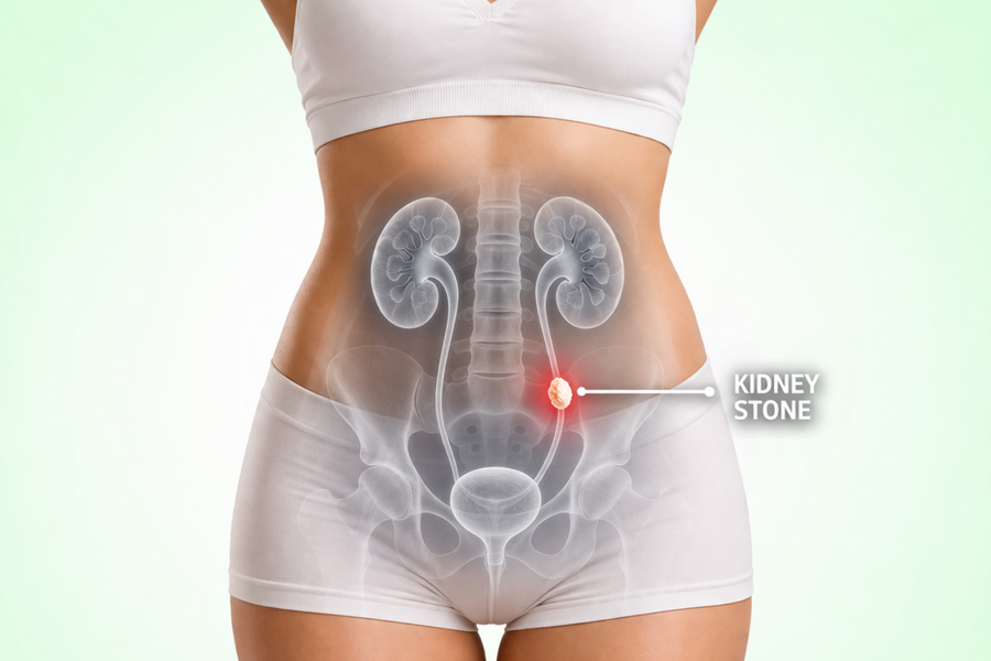 Front-facing female torso with transparent urinary tract overlay showing a kidney stone in the ureter, illustrating how kidney stone pain can affect women.