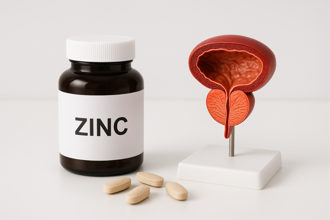 Zinc supplement bottle next to a prostate gland model representing support for prostate health